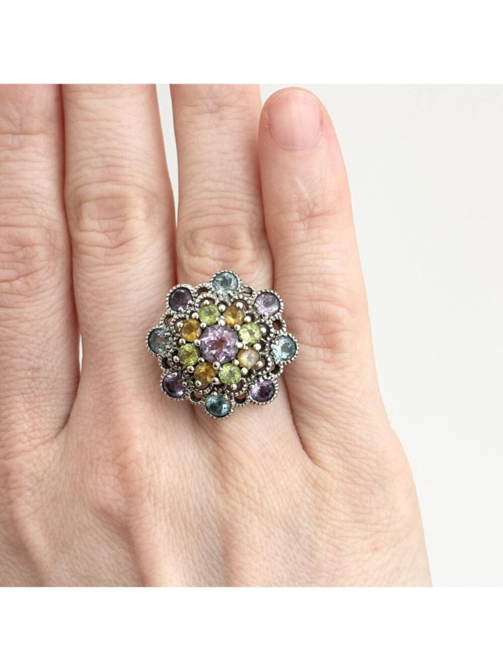 Cluster Rainbow Gemstone Blooming Flower Sterling Silver 925 Vintage Ring - sz 6 - Picture 12 of 16